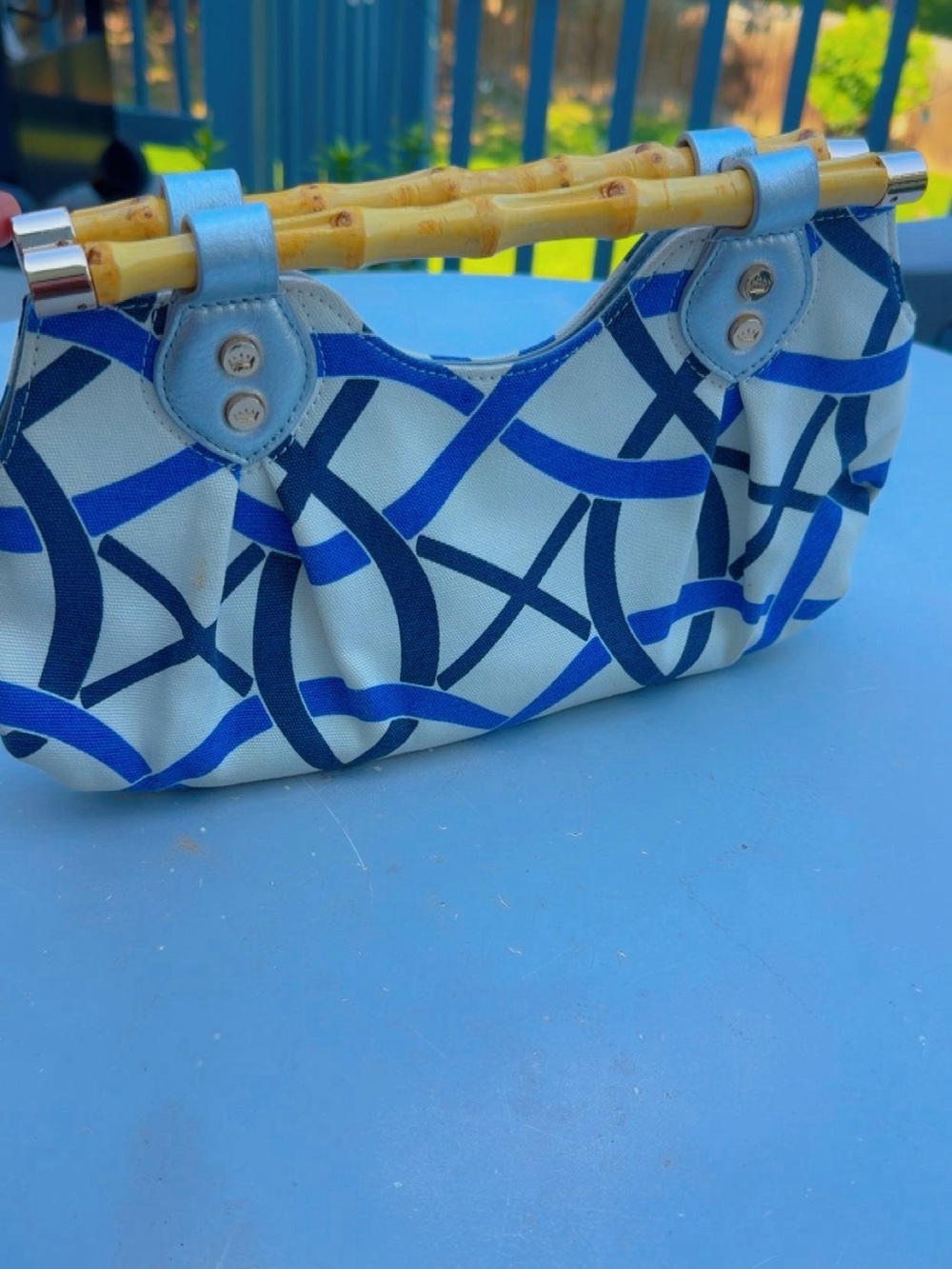 Blue Geometric Canvas Bamboo-Handle Women’s Shoulder Bag
